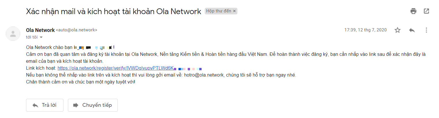 Xác nhận mail và kích hoạt tài khoản Ola Network