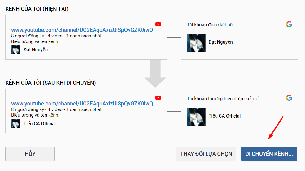 xac nhan di chuyen kenh youtube